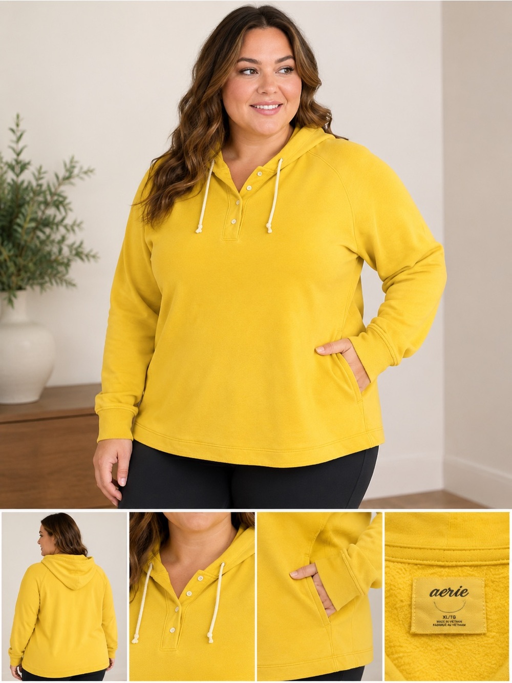 AERIE women's  Yellow Hooded Henley Sweatshirt Pullover